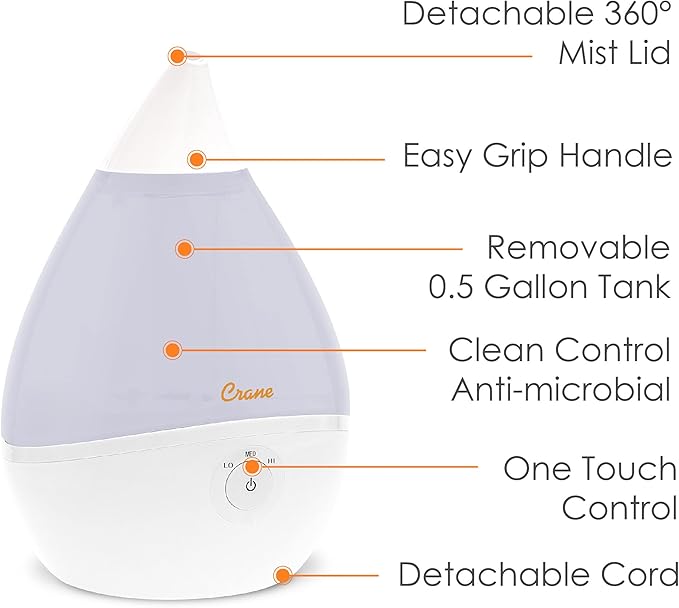 Crane Teardrop Ultrasonic Cool Mist Humidifier for Baby Nursery, 0.5 Gallon, Adjustable Settings, Essential Oil Diffuser White - Image 3