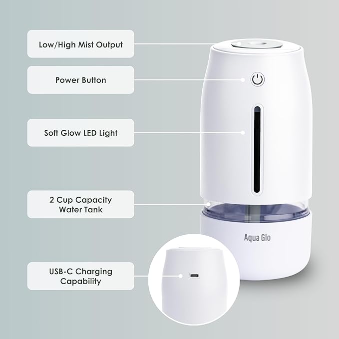 Aqua Glo Personal, Portable Humidifiers for Bedroom – Ultrasonic Cool Mist Humidifier with Built In Rechargeable Battery. Air Humidifier for Baby, Plants, Home, Office, Travel. White - Image 2