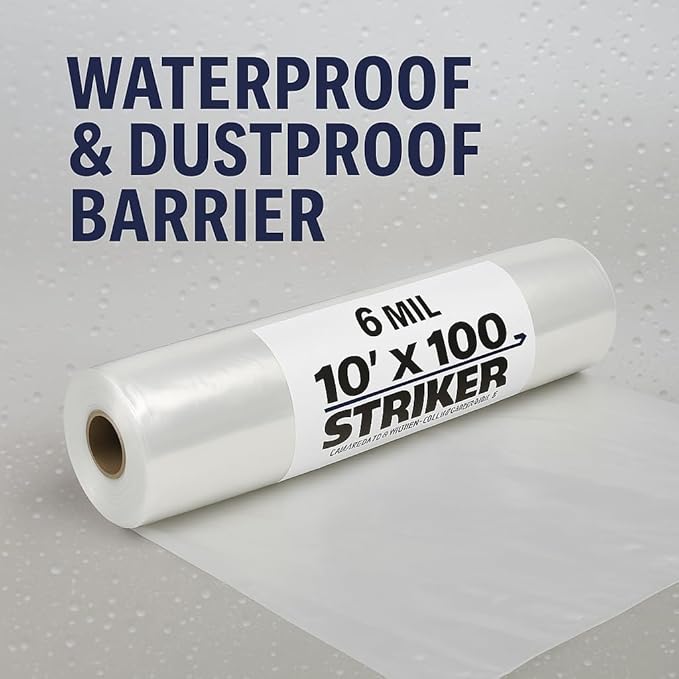 STRIKER Plastics Clear 6 Mil Plastic Sheeting 10' x 100' – Heavy Duty Poly Sheeting – Crawl Space Vapor & Moisture Barrier Cover, Painters Plastic Drop Cloth for Floor, Carpet & Furniture Protection - Image 8