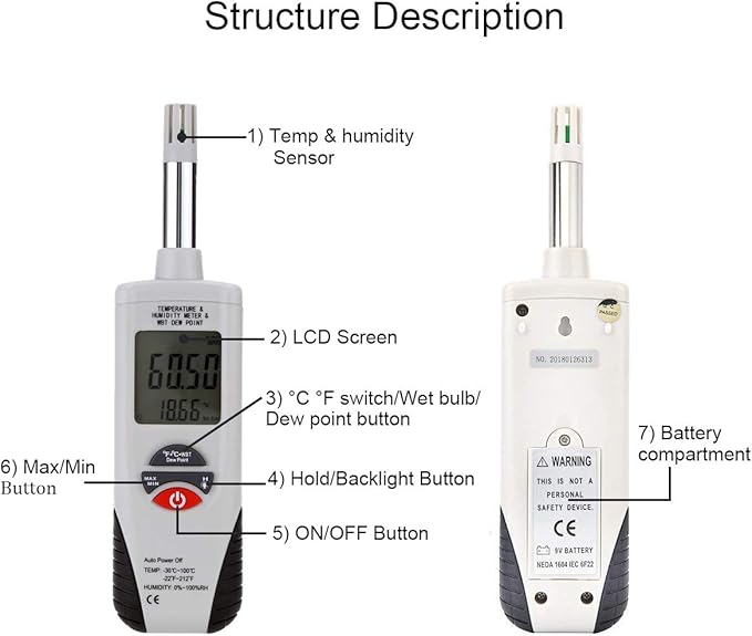 Lancoon Digital Psychrometer, Mini Portable Thermo-Hygrometer Temperature Humidity Meter with Dew Point/Wet Bulb Temperature and -22°F to 199°F(-30°C to 100°C) Range for Industry Agriculture HVAC - Image 4