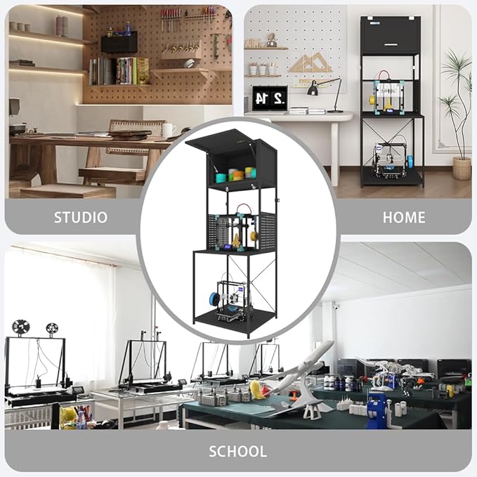 3D Printer Filament Storage Stand Rack with Dehumidifier| 3-Tier All-in-One Organizer with Tool Mounts, Dual Spool Holders | Compatible with Most 3D Printers (100LBlack) - Image 6