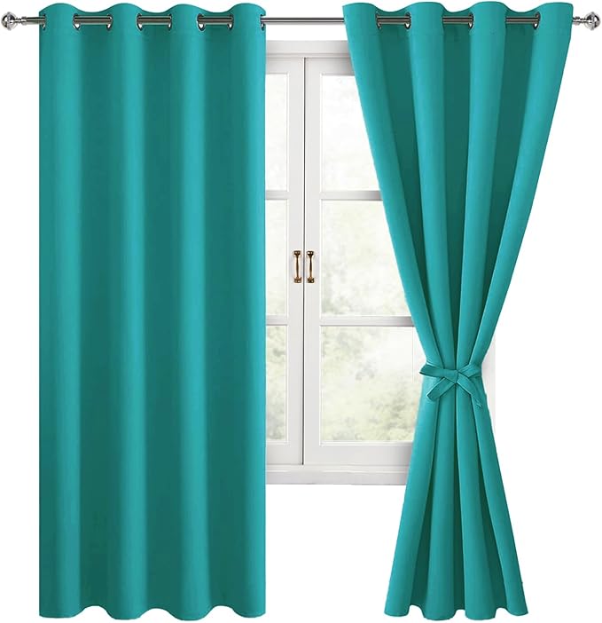 Hiasan Blackout Curtains for Bedroom, 52 x 63 Inches Length - Thermal Insulated & Energy Saving Window Curtains for Living Room, 2 Drape Panels Sewn with Tiebacks, Peacock Teal by Hiasan