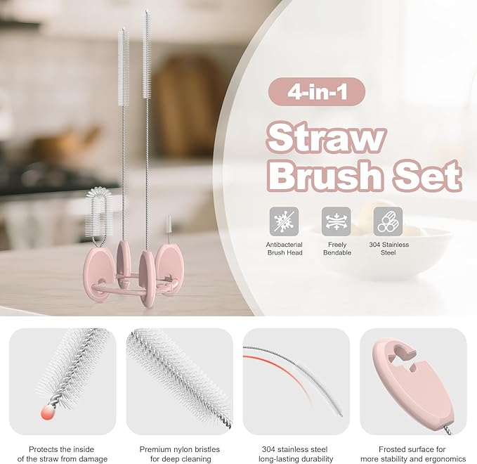 YOTIME Standing Straw Cleaner Brush Set, 4in1 Reusable Straw Brushes with Holder Ring, for Wide and Narrow Straws, Tumblers, Water Bottles and Cups, Pink - Image 3