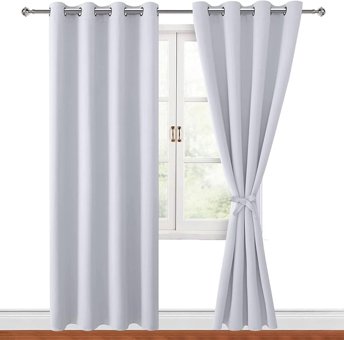 Hiasan Blackout Curtains for Bedroom, 52 x 84 Inches Long - Thermal Insulated & Energy Saving Window Curtains for Living Room, 2 Drape Panels Sewn with Tiebacks, Greyish White by Hiasan