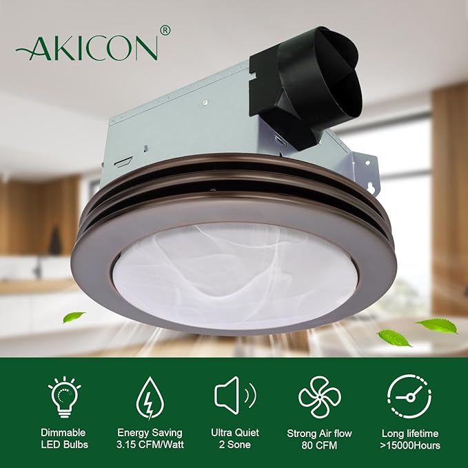 Akicon Ultra Quiet Bathroom Exhaust Fan with LED Light 80CFM 2.0 Sones Round Bathroom Ventilation Fan with Frosted Glass Cover (Oil Rubbed Bronze) - Image 5