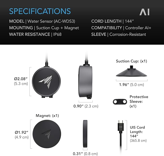 AC Infinity Water Detection Sensor Exclusively for AI Controllers, Monitor Presence of Water in Gardens, Grow Tents, Grow Spaces, Suction and Magnetic Mounting, IP68 Seal Protection - Image 6