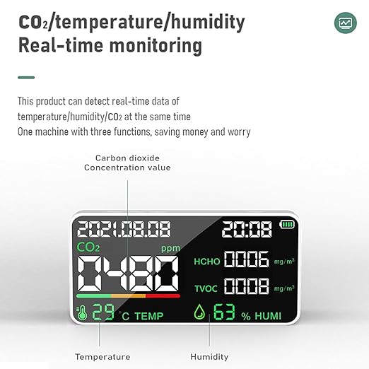 7-in-1 Indoor Air Quality Monitor,Desktop CO2/TVOC/HCHO Detector with Temperature,Humidity,Time & Date Display,High Accuracy,Ideal for Wildfire Monotoring,Home,Office,and School Use - Image 4