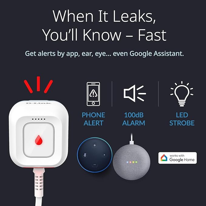 D-Link Next-Gen WiFi Water Leak Detector Starter Kit with 2 sensors—Loud 100 dB Sound Alarm—App Alert—LED Strobe Light—No Hub Required—Works with Google—1000ft Ultra-Long Range—Expandable (SW-A11KT) - Image 3
