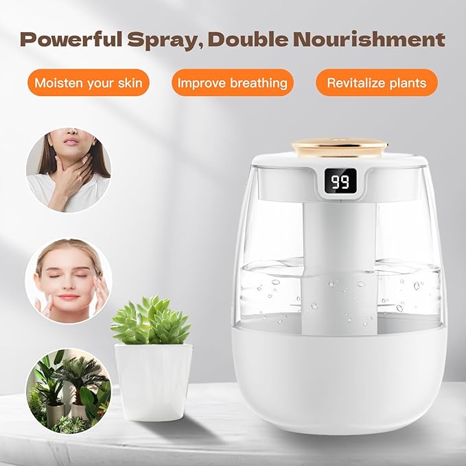 Double Spray Air Humidifier for Bedroom, 2L Quiet Cool Mist Humidifier for Plants Dorm Room Office Home Car Personal Humidificador with Digital Display 3 Mist Modes & Night Light - Image 3