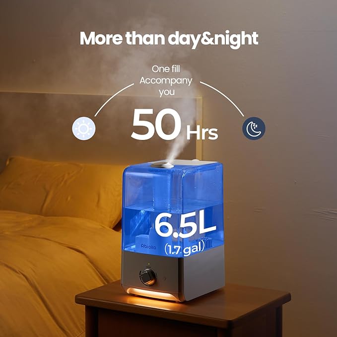 Humidifiers for Bedroom Large Room, Top Fill 6.5L Cool Mist Humidifier, 45H Runtime, 28dB Quiet Ultrasonic Air Humidifier for Home, Whole House, Baby Nursery, Night Light (White) - Image 3