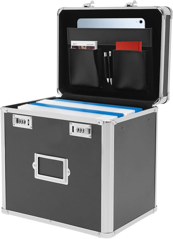 Metal Locking File Organizer Box, 13.8*10*13.4 inch Portable Locking Storage Box w/Lock for Filing Letters & Documents, File Storage Box for Offices, Hotels, Schools, Shopping Malls (Black) by WUSILILU
