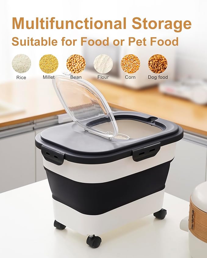 20-30 Lbs Rice Storage Container,Collapsible Food Storage Containers with Rolling Wheel Airtight Locking Lid,Flour Storage Container with Cup and Scoop,Suitable for Food,Rice,Pet Food,Flour - Image 7