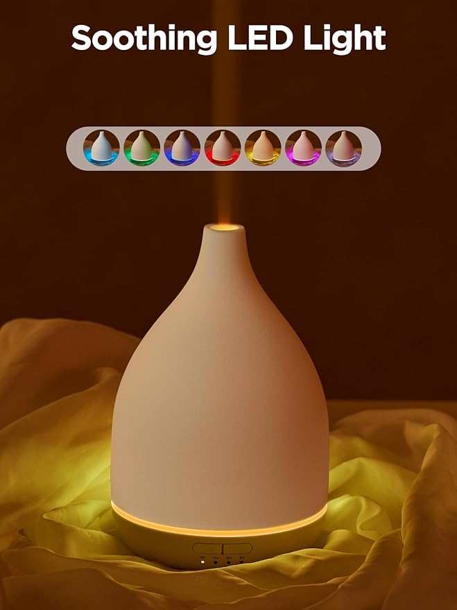 InnoGear Oil Diffuser, 300ML Ceramic Diffuser for Essential Oils Handcrafted Aromatherapy Diffuser Ultrasonic Cool Mist Humidifier with 4 Timers Waterless Auto Off for Room Office, White Base - Image 5