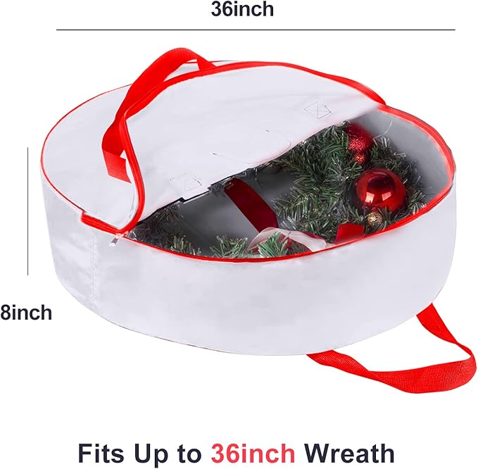 36" Christmas Wreath Storage Container Bag - Christmas Extra Large Garland Wreath Storage Container - Reinforced Wide Heavy Duty Handle & Double Sleek Zipper - Protect Your Party Decorations- White - Image 2