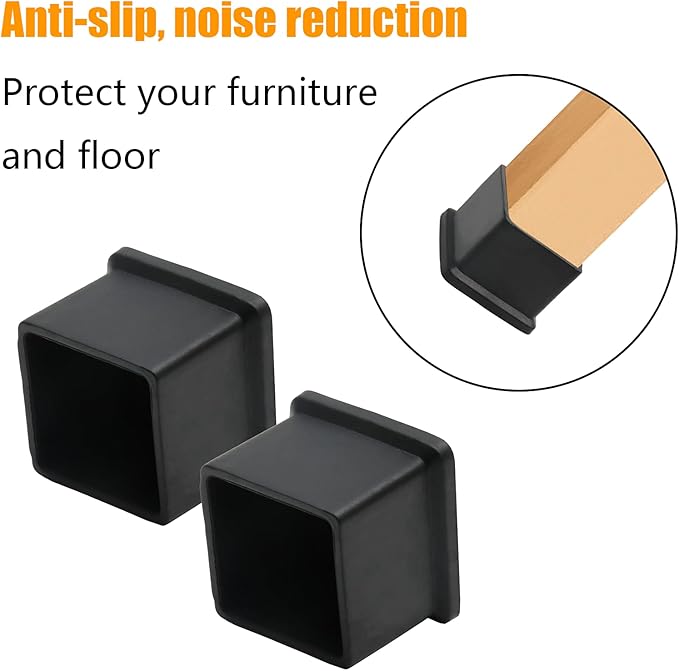 12PCS Square Chair Leg Caps 1-3/16" x 1-3/16" Square Rubber Covers Black Furniture Foot Table Chair Leg End Cap, Anti-Slip Chair Leg Floor Protectors, Black - Image 3