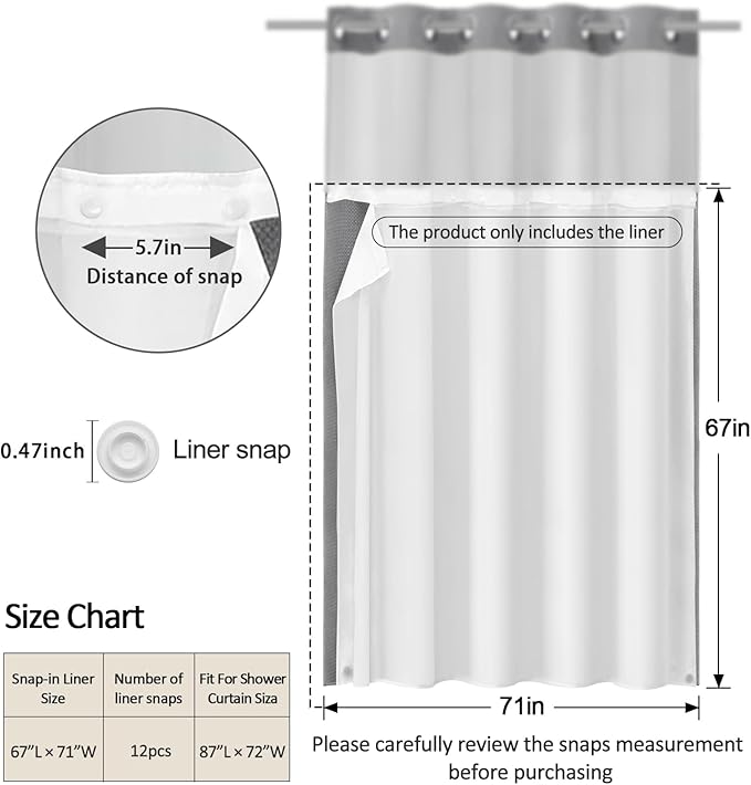 Snap-in Fabric Replacement Liner 71" W x 67" L, for 72" W x 87" L No Hook Shower Curtain - Image 2