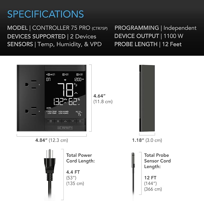 AC Infinity Controller 75 PRO, WiFi Outlet Controller, Independent Programs for Two Devices, Desktop Digital Thermostat with Temperature, Humidity, VPD, & Timer Controls, for Seed Starting Heat Mats - Image 6