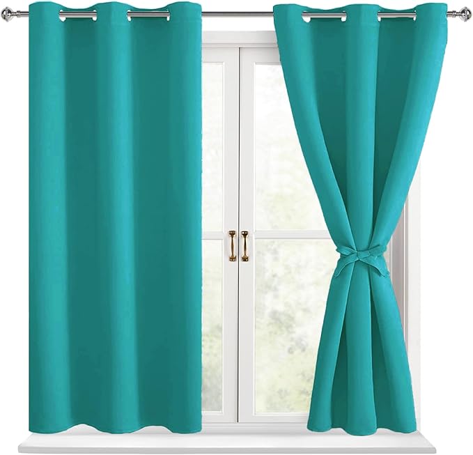 Hiasan Blackout Curtains for Bedroom - Light Blocking & Noise Reducing Window Curtains for Living Room, 2 Drape Panels Sewn with Tiebacks, Peacock Teal, 38 x 54 Inch by Hiasan