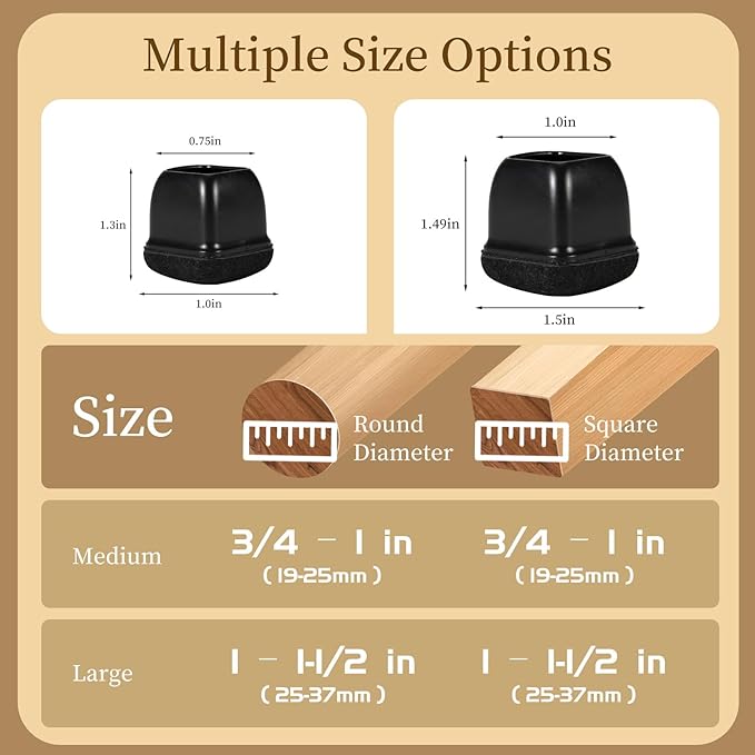 Square Chair Leg Floor Protectors Medium 24Pcs,Silicone Chair Leg Protectors for Hardwood Floors/Tiles,Black 360°Wrapped Felt Bottom to Prevent Scratch and Reduce Noise - Image 2