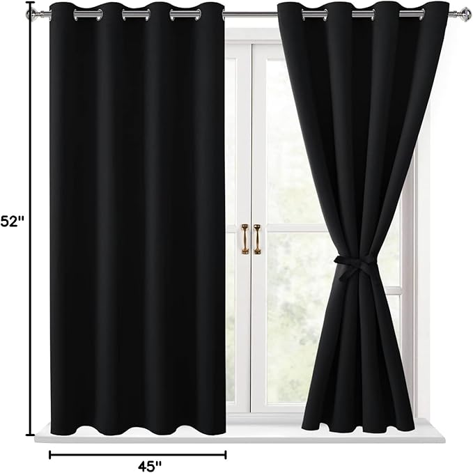 Hiasan Blackout Curtains for Bedroom - Thermal Insulated & Light Blocking Window Curtains for Living Room/Kids Room, 2 Drape Panels Sewn with Tiebacks, Black, 52 x 45 Inch - Image 7