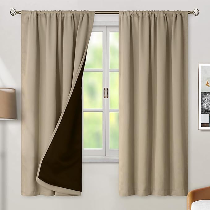 BGment 100% Blackout Curtains for Bedroom 72 Inch Length 2 Panels, Thermal Insulated Room Darkening Curtains Rod Pocket Soundproof Bedroom Living Room Window Curtains, Sand, Each 42 Inch Wide by BGment