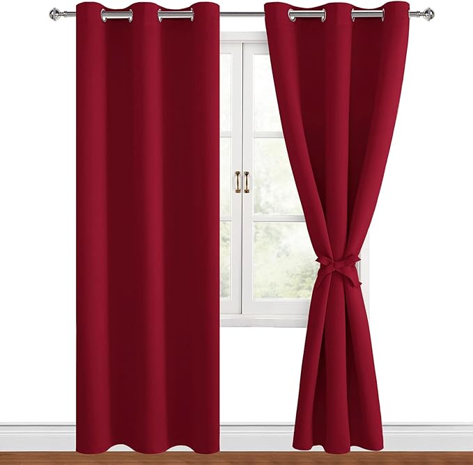 Hiasan Blackout Curtains for Bedroom, 38 x 84 Inches Long - Thermal Insulated & Light Blocking Window Curtains for Living Room, 2 Drape Panels Sewn with Tiebacks, Christmas Red by Hiasan