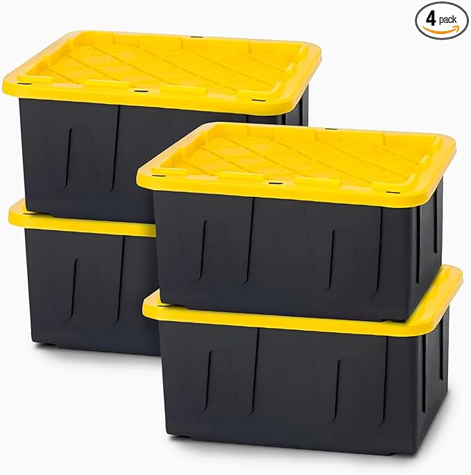 HOMZ 4-Pack Durabilt Tote, Heavy Duty Plastic Storage Bins with Lids, 15 Gallon, Black/Yellow - Stackable Organizing Containers for Home, Garage, and Office by Homz