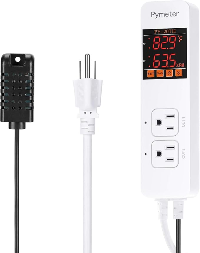 Temperature and Humidity Controller Reptile Mushroom Greenhouse Thermostat Pre Wired Dual Controlled Outlets Heater Fridge Humidifier Dehumidifier by Pymeter