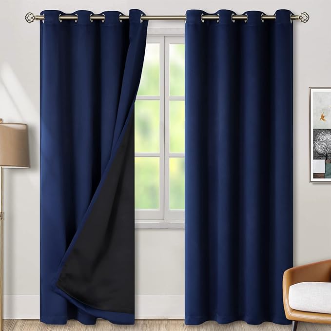 BGment Thermal Insulated 100% Blackout Curtains for Bedroom with Black Liner, Double Layer Full Room Darkening Noise Reducing Grommet Curtain (52 x 84 Inch, Navy Blue, 2 Panels) by BGment