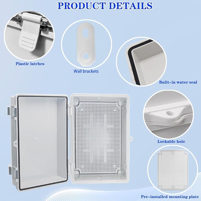 Waterproof Outdoor Electrical Box Junction Box Weatherproof IP67 ABS Plastic Enclosure Switch Router Project Box with Mounting Plate with Wall Bracket 2 Cable Glands Grey 11.4"x7.5"x5.5" - Image 3