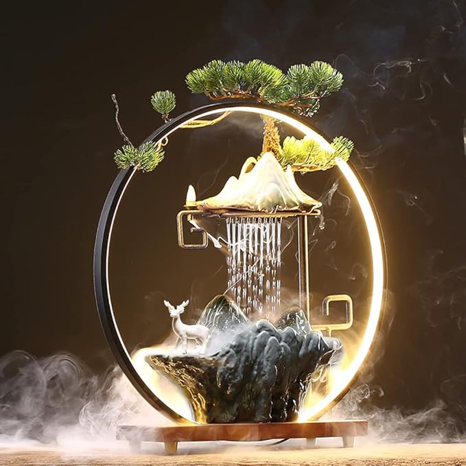 17In Water Fountains Indoor Tabletop Water Fall Humidifier with LED Light and Atomizer Mist, Zen Decor Meditation Japanese Decor Fake Plants Feng Shui Decor Festival Birthday Gift for Good Luck Wealth - Image 7