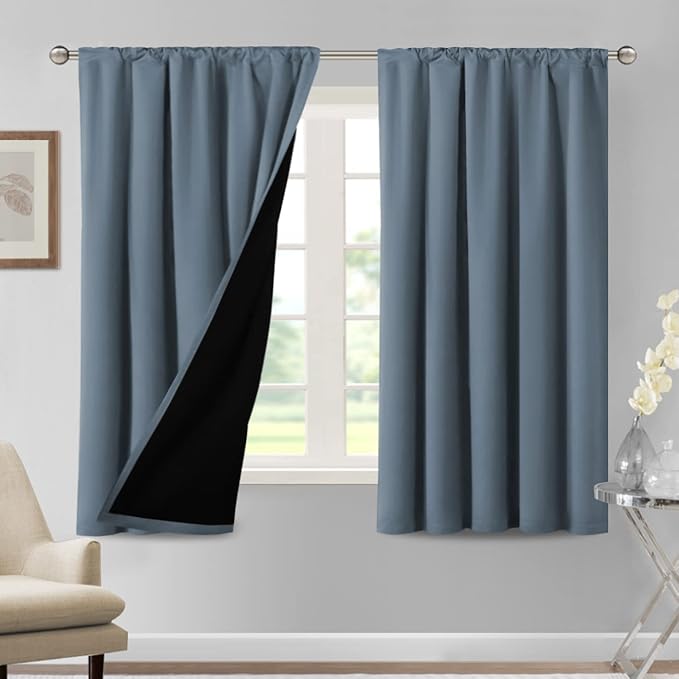 H.VERSAILTEX 100% Blackout Curtains for Bedroom Thermal Insulated Blackout Curtains for Living Room 63 Inches Long Rod Pocket Curtains with Black Liner 2 Panels Set, Stone Blue by HVERSAILTEX