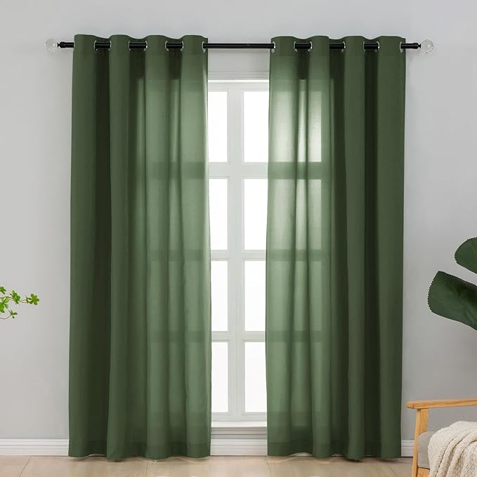 L.Z.E Olive Green Non-See-Through Privacy Curtains 63 Inch Length 2 Panels Set, Light Filtering Semi Sheer Curtains for Living Room Bedroom Nursery Grommet Top Short Window Panels (55" W x 63" L) by LZE