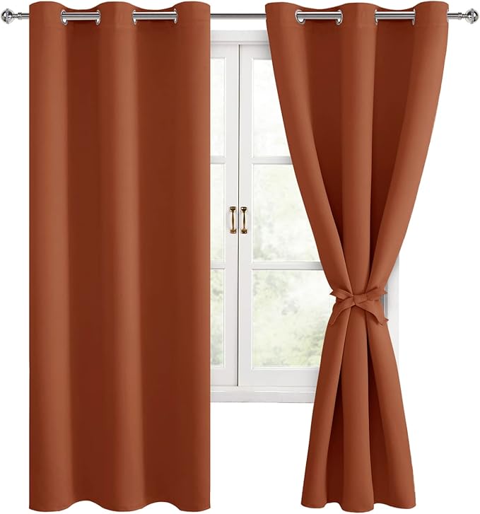 Hiasan Fall Blackout Curtains for Bedroom, 42 x 72 Inches Long - Thermal Insulated & Light Blocking Window Curtains for Living Room Home Decor, 2 Drape Panels Sewn with Tiebacks, Burnt Ochre by Hiasan