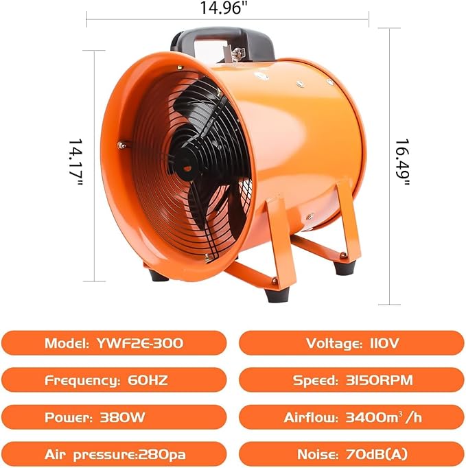 12-Inch High-Velocity Portable Utility Blower Fan, Industrial Exhaust Fan with 33ft Flexible Duct Hose, 3150 RPM Low-Noise Ventilator for Basements, Workshops, Warehouses, and Confined Spaces - Image 3