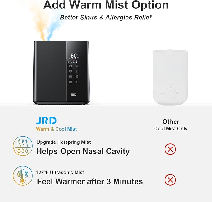 JRD Warm & Cool Mist Humidifiers for Bedroom 5L, Quiet Ultrasonic Air Humidifier Fast Symptom Relief, 50H Runtime, Oil Diffuser, 12H Timer, 7 Color Light for Large Room, Office, Baby, Plants-Black - Image 2