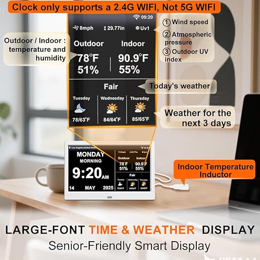 2025 New Digital Clock with Temperature/Humidity & Weather Forecast, Auto Time Sync Large Display, Custom Alarms & Medication Reminders, Ideal for Elderly (White, 10.1inch) - Image 2