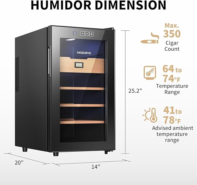NEEDONE Cigar Humidor 48L with Heating and Cooling Temperature Control System, Quiet Thermostatic Electric Cooler Cabinet for 350 Counts with Digital Hygrometer, Spanish Cedar Wood, Gift for Men - Image 9