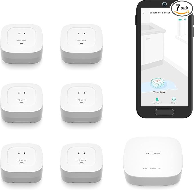 YoLink Water Leak Starter Kit: Hub + 6 Leak Sensor 4 (105 dB Siren), LoRa Long-Range, App/SMS/Email Alerts, D2D Offline, 2 AAA Up to 5-Year Battery, Compatible with Alexa/IFTTT/Home Assistant by YoLink