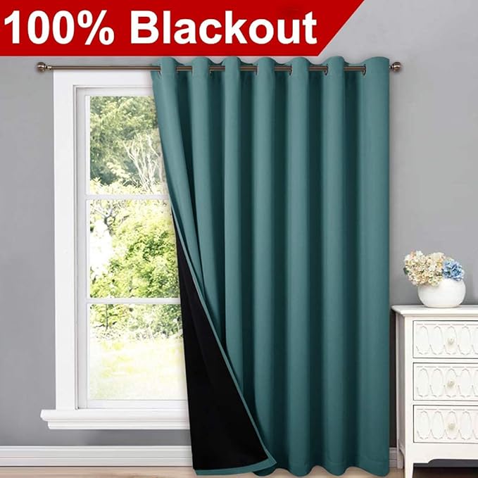 NICETOWN 100% Blackout Patio Sliding Door Curtain, Wide Lined Drape, Keep Warm Drapery, Sliding Glass Door Panel for Oversleep（Sea Teal, 1 Panel, 100 inches Wide x 95 inches Long - Image 2