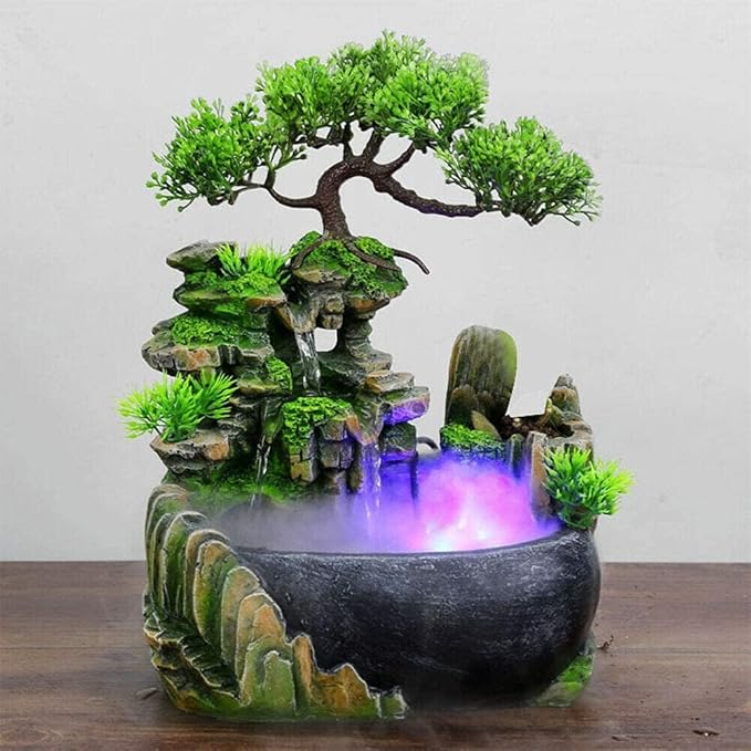 Tabletop Rockery Fountain Indoor Waterfall Bonsai Desktop Mini Rockery Water Fountain with Automatic Pump and LED Light, Home Office Bedroom Humidifier Desk Decorate (Style 1) by kunghei