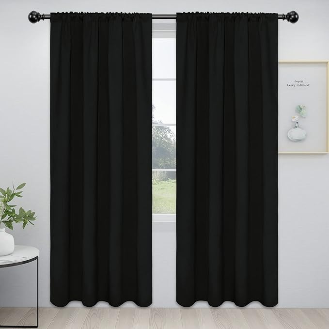 Easy-Going Rod Pocket Blackout Curtains for Bedroom, Room Darkening Window Curtains for Living Room, Thermal Insulated Noise Reduction Solid Window Drapes, 2 Panels(42x84 in, Black) by Easy-Going