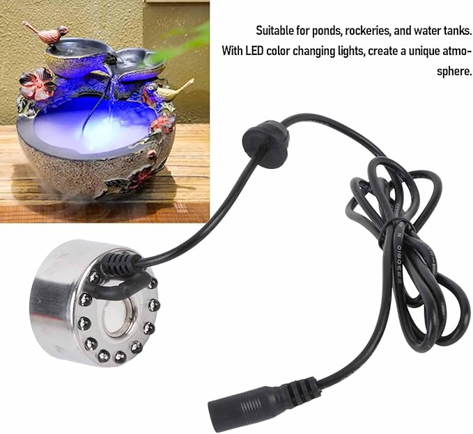 Mist Maker, LED Color Changing Fog Atomizer Humidifier, Mini Pond Fog Machine with 12 LED Lights, Indoor Water Fountain Mister Fogger for Pond, Rockery, Vase, Birdbath (US Plug) - Image 3