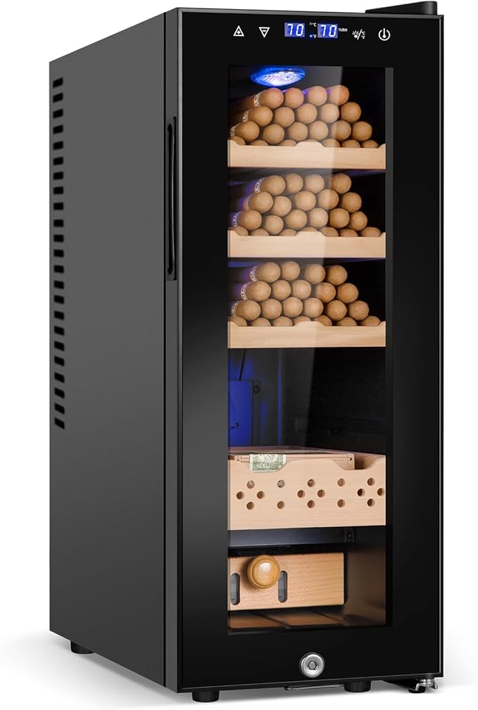 Electric Cooler Cabinet 35L with Temperature and Humidity Control, Spanish Cedar Wood Shelves and Safety Lock (300 Counts Capacity), Gift for Men by FoMup