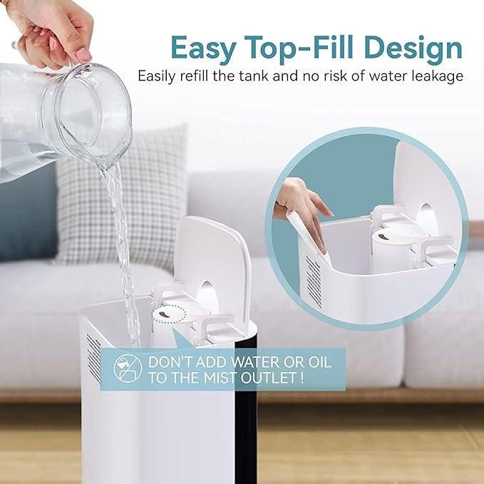 Humidifiers for Home, 8L Water Tank, Essential Oil Diffuser, Top Fill Humidifier, Low Noise, Cool Mist Humidifiers for Large Room, 3 Mist Level, 12H Timer, Customized Humidity, 360° Nozzle - Image 3