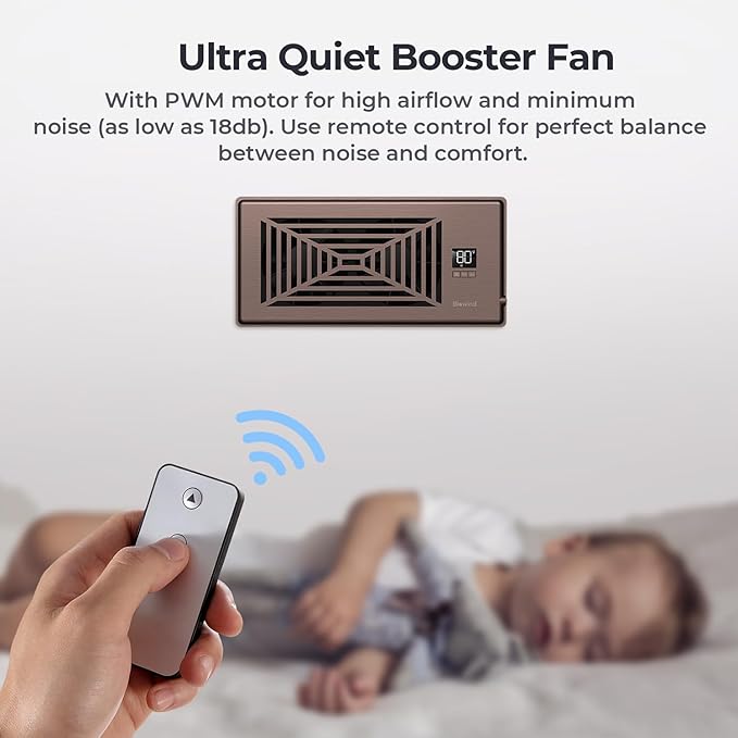 Quiet Register Booster Fan Fits 4" x 10" Register Holes, 10-Speed Smart Heating Cooling AC Vent Fan with Remote Control and Thermostat Control - Bronze - Image 5