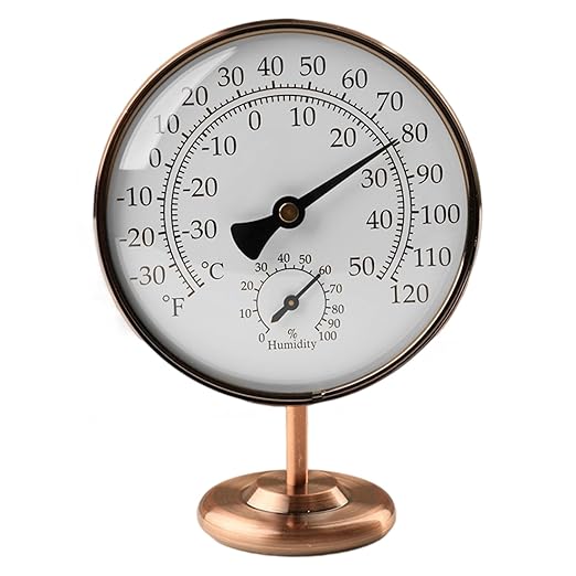 4-Inch Indoor Thermometer and Humidity Gauge, Room Analog Temperature and Humidity Monitor, Dual Scale Display, Brass Dial with Stand, Battery-Free for House, Home, Desk, Bedroom, Garage, RV by Foxyoo