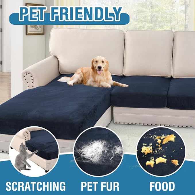 H.VERSAILTEX Velvet Stretch Sectional Couch Covers 3 Pieces Sofa Seat Cushion Covers L Shape Separate Cushion Couch Chaise Cover for Both Left/Right Couch (Large Sofa 2 Seater + 1 Chaise, Navy) - Image 3