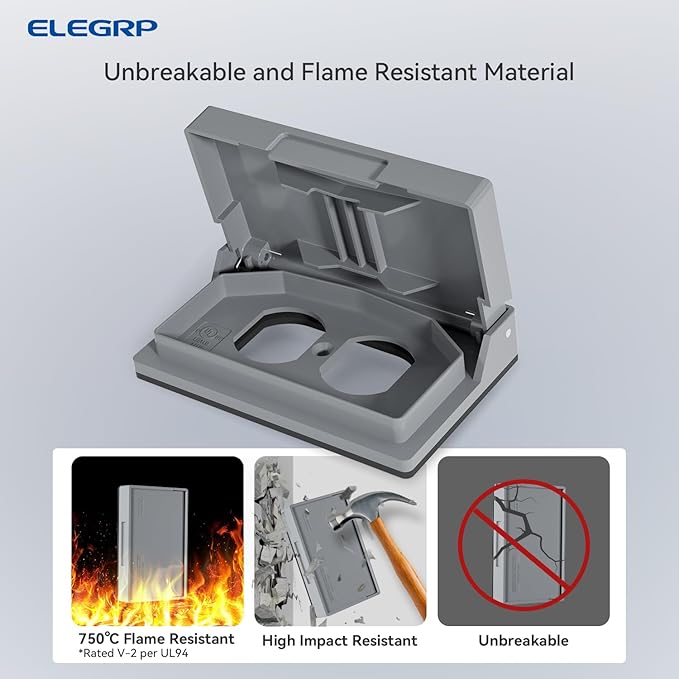 ELEGRP Horizontal Outdoor Cover for Duplex Receptacles, Weatherproof Wall Plate, Outdoor Electrical Outlet Cover, Standard Size 1-Gang 4.77” x 2.97”, Thermoplastic, 6 Pack, Grey - Image 2