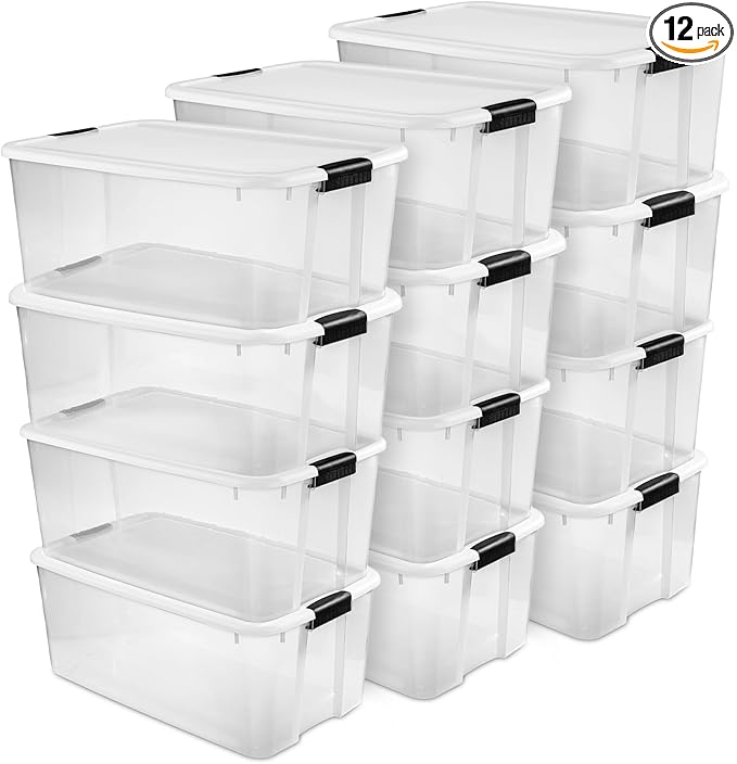 Sterilite 12-Pack Ultra Latching Box, Storage Bins with Lids, Clear Plastic, 116 Quart - Heavy-Duty Organizing Containers for Closet, Bathroom, and Office by Sterilite